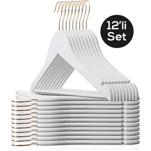 Beray Home 12 Adet Beyaz Askı Gold Kancalı Ahşap Görünümlü Plastik Askı Elbise Kıyafet Askısı