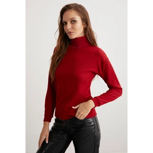 Padma Kadın Dik Yaka Dar Kesim Viskon Karışımlı Bordo Bluz