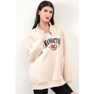 Bej Manhattan Pamuk Karışımlı Yarım Fermuar Dik Yaka Kadın Oversize Sweatshirt - 9012