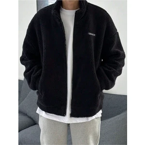 Genius Store Oversize Tam Fermuarlı Kuzu Sweatshirt Içi Polarlı Sherpa Kumaş Sweatshirt Siyah S