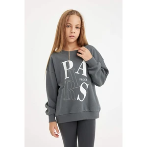Kız Çocuk Antrasit Oversize Geniş Kalıp Bisiklet Yaka Baskılı Sweatshirt D3573A824AU
