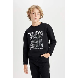 Erkek Çocuk Siyah Oversize Geniş Kalıp Bisiklet Yaka Baskılı Sweatshirt D5680A824WN