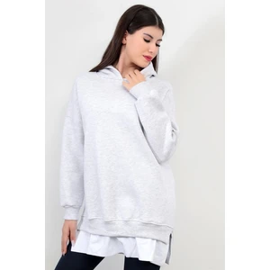 Kar Melanj Kadın Oversize Kapüşonlu Sweatshirt Eteği T-Shirt Katman Detaylı Ribanalı Hoodie - 2520