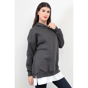 Füme Kadın Oversize Kapüşonlu Sweatshirt Eteği T-Shirt Katman Detaylı Ribanalı Hoodie - 2520