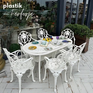 Ferforje Görünümlü Masa Sandalye Takımı, Bahçe, Balkon, Bütün Dış Ve Iç Mekanlarda Kullanılabilir, 2 Yıl Garantili, 150 Kg Taşıma Kapasiteli, Plastik Beyaz Oval Masa Sandalye Takımı