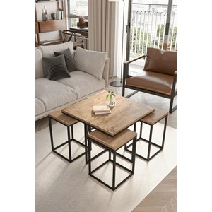 Lizbon 4+1 Kare Sehpa Takımı Siyah Metal - Atlantik Çam Tabla