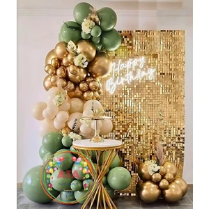 ^^ Doğum Günü Konsepti *Küf Yeşili*Krom Gold*Deniz Kumu* 100 lü Balon Zinciri Parti Seti