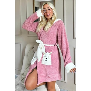 Pijama Evi Pembe Kapşonlu ve Cepli Polar Peluş Kadın Sabahlık