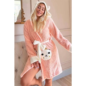 Pijama Evi Somon Kapşonlu ve Cepli Polar Peluş Kadın Sabahlık