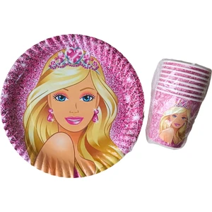 Ngüzel Party Barbie Temalı Doğum Günü 16 Adet Karton Tabak + 16 Adet Karton Bardak Seti