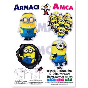 Armacı Amca Ütü Ile Yapışan 4 Adet Örme Kumaş Arma Yırtık Kapatıcı Pratik Yama Tekstil Patch Çizgi Film Karakteri Sarı Adamlar