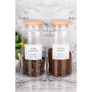 2li Ahşap Kapaklı Vakumlu 1300ML Filtre Kahve & Türk Kahvesi Kavanozu (Etiket Dahildir)