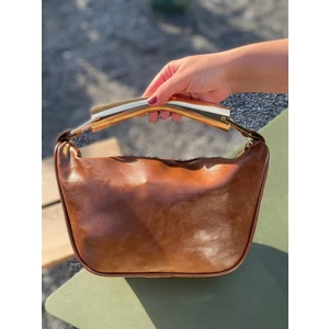 Royal - Taba Vegan Deri Gold Metal Saplı Fermuar Kapamalı El, Omuz ve Çapraz Çanta