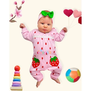 3-9 Ay Çilek Nakışlı Kız Bebek Tulumu Pembe
