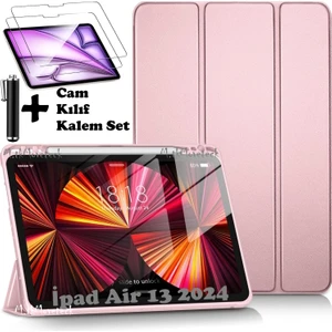 M.TK Moveteck Apple iPad Air 13 2024 Uyumlu Kılıf Akıllı Smart Uyku Modlu Kalem Bölmeli Renkli Standlı + Esnek Ekran Koruyucu+ Kalem Set