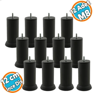 Mobilya Yükseltici Baza Metal Kanepe Koltuk Destek Ayağı M8 Civatalı Ince Diş Siyah Metal Ayak 12 cm (12 Adet)
