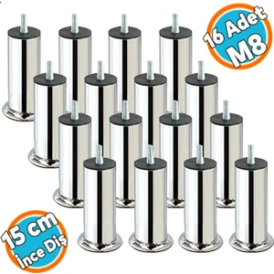 Mobilya Yükseltici Kanepe Baza Koltuk Destek Ayağı M8 Civata Ince Diş Krom Ayak 15 cm (16 Adet)