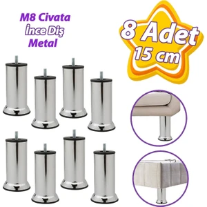 8 Adet Metal Destek Ayağı 15 cm Krom Mobilya Kanepe Baza Koltuk Ünite Ayakları Metrik 8 Civatalı Ince Diş