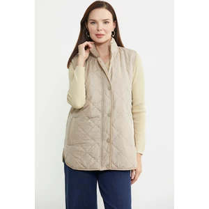 Dik Yaka Cepli Kapitone Yelek - Bej