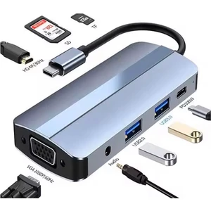 FXN-2105 8 In 1  USB C Type C  4K Hd HDMI VGA USB 3.0 Aux Ses Sd Tf Kart Okuyucu Hub Çevirici