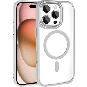 Apple iPhone 16 Pro Max Kılıf Wireless Şarj Özellikli Krom Magsafe Silikon Kapak-Gümüş