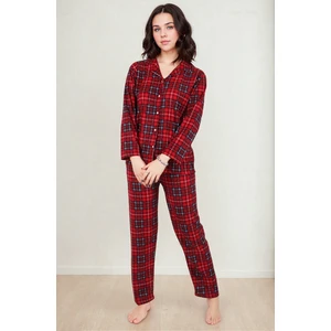 Kadın Büyük Ekoseli Kışlık Uzun Kollu Desenli Önden Düğmeli Kırmızı Süet Pijama Takımı