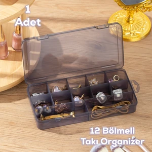 ORG-600 Çok Amaçlı Bölmeli Şeffaf Kutu Organizer Kapaklı Boncuk Takı Kutusu Takı Düzenleyici Antrasit