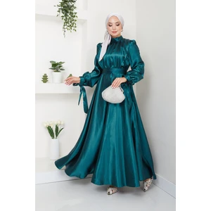 Ayşe Melek Tasarım Kadın Giyim Moda Tesettür Saten Uzun Abiye Elbise 2746