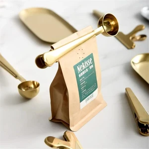 Kahve Ölçü Kaşığı Gold Renk 2 In 1 Mandallı Paslanmaz Çelik Kahve Ölçü Kaşığı ve Paket Klipsi