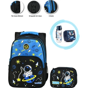 Masho Trend Oltalı Astronot Okul Çantası + Astronot Beslenme Kabı + Astronot Suluk - Uzay Çanta Ilkokul Çantası