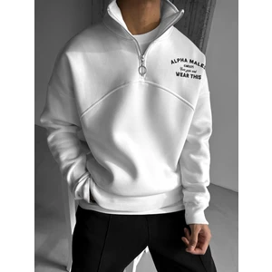 Abluka Online Yarım Fermuarlı Baskılı Sweatshirt Ekru