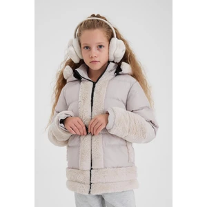 Krem Peluş Detaylı Içi Kürklü Kalın Şişme Kız Çocuk Mont &kaban