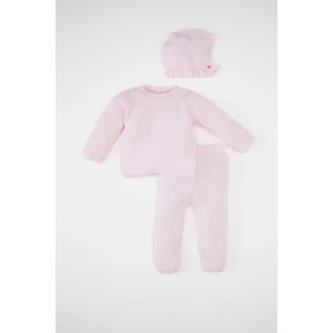 Kız Bebek 3'lü Takım Bisiklet Yaka Basic Düz Triko Kazak Beli Lastikli Alt Bere C9763A524WN