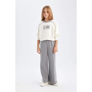 Kız Çocuk 2'li Takım Basic Düz Bisiklet Yaka Sweatshirt Üst Beli Lastikli Geniş Paça Eşofman Altı D4052A824WN
