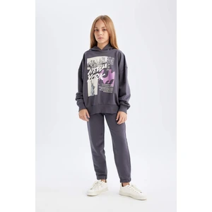 Kız Çocuk 2'li Takım Bisiklet Yaka Baskılı Sweatshirt Beli Lastikli Jogger Eşofman Altı D4057A824WN