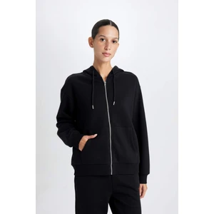 Relax Fit Kapüşonlu Cepli Basic Düz Fermuarlı Sweatshirt C1809AX24WN
