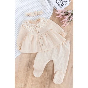 Güpür Yakalı Önden Düğmeli 3'lü Müslin Kız Bebek Hastane Çıkışı Bebek Takım