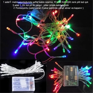 Şeffaf Kablolu 5 Metre 40 Ampullü Karışık Renk Pilli LED Işık