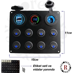 12v  Kontrol Paneli Sigorta+8 On-Off Düğme 2 Şarj Soketi Çakmaklık Voltaj Göstergeli Karavan