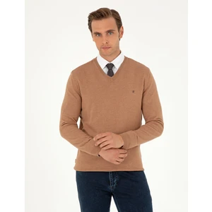 Pierre Cardin Erkek Camel Melanj Slim Fit V Yaka Basic Triko Kazak 50296622-VR122