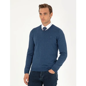 Pierre Cardin Erkek İndigo Melanj Slim Fit V Yaka Basic Triko Kazak 50296622-VR155