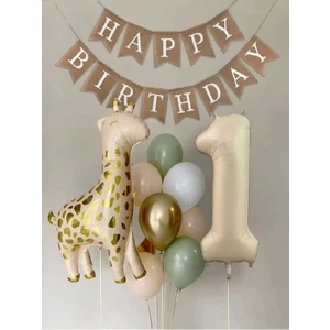 Parti Uzmanı Bej Krem Rakam Balon Soft Kahve Renkler Zürafa Set Arka Fon Yaş Balon Kraft Happy Birthday Banner
