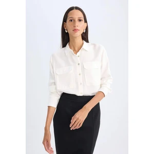 Regular Fit Basic Düz Cepli Dokulu Uzun Kollu Beyaz Gömlek T6889AZ24AU