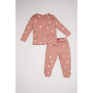 Kız Bebek Pijama Takımı Kalp Desenli Uzun Kollu Waffle Üst Beli Lastikli Uzun Alt D6797A5NS
