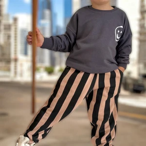 Lolli Boom Kids  Erkek Çocuk Somon Siyah Renk Çizgili Eşofman Altı Smile Efekt 3 Iplik Sweatshirt 2 Parça Eşofman Takımı