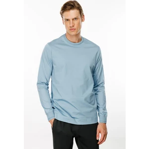 Desen Triko Erkek Sıfır Yaka Basic Uzun Kollu Pamuklu T-Shirt Mavi