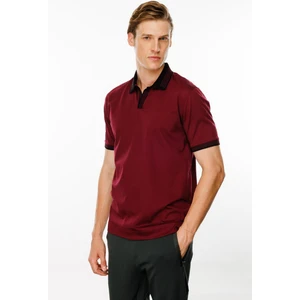 Desen Triko Erkek Polo Yaka Kolu ve Yakası Çizgili T-Shirt Bordo