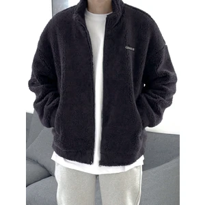 Genius Store Oversize Tam Fermuarlı Kuzu Sweatshirt Içi Polarlı Sherpa Kumaş Sweatshirt Füme2Xl