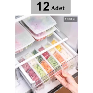Krm Home 12 Adet 1000 ml 4 Bölmeli Dondurulmuş Öğünlük Et ve Sebze Saklama Kabı- Buzluk Kuşbaşı Kıyma Organizeri