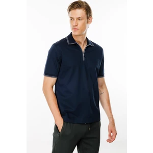 Desen Triko Erkek Polo Yaka Yakası Fermuarlı T-Shirt Lacivert